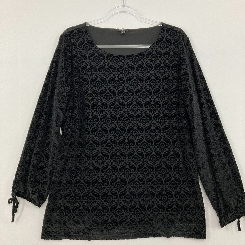 Talbots size 1X Black Velvet Damask Print Classic Stretch Popover Blouse Office